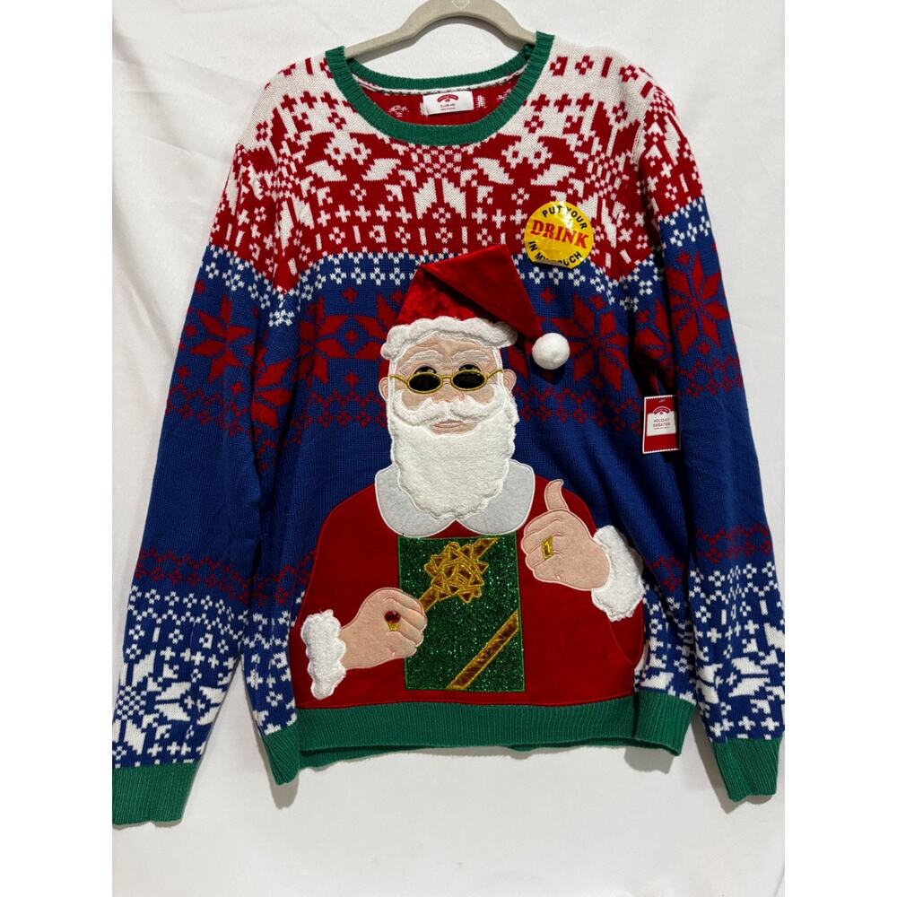 New Holiday Time Ugly Christmas Sweater Santa & Drink Pouch Sz XL Nordic Glam‎